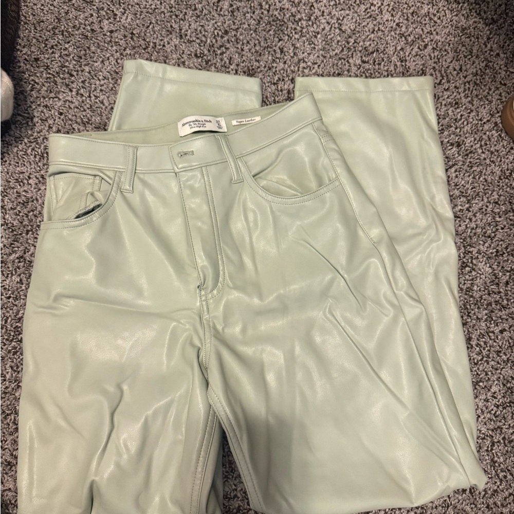 Abercrombie & Fitch Light Sage Faux Leather Straight-Leg Pants